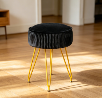Black Velvet Round Ottoman Gold Legs