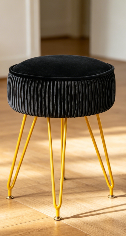 Black Velvet Round Ottoman Gold Legs