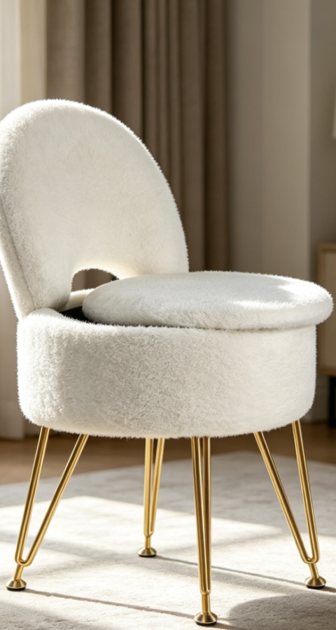 White Faux Fur Storage Vanity Stool 13x13x17.7