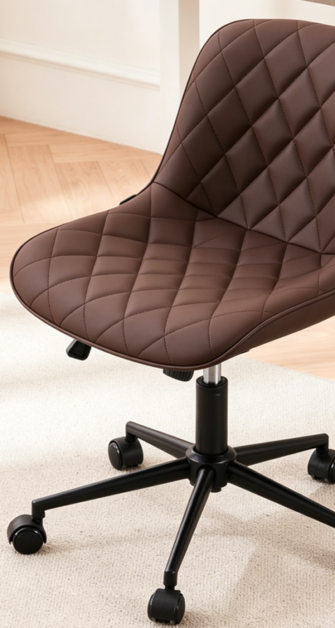 Brown Armless Upholstered Swivel Chair with Wheels