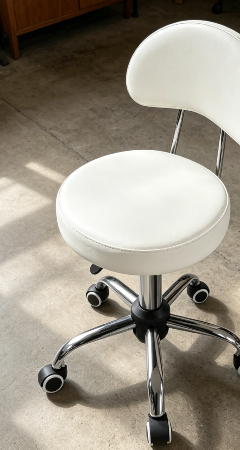 White PU Leather Adjustable Rolling Stool